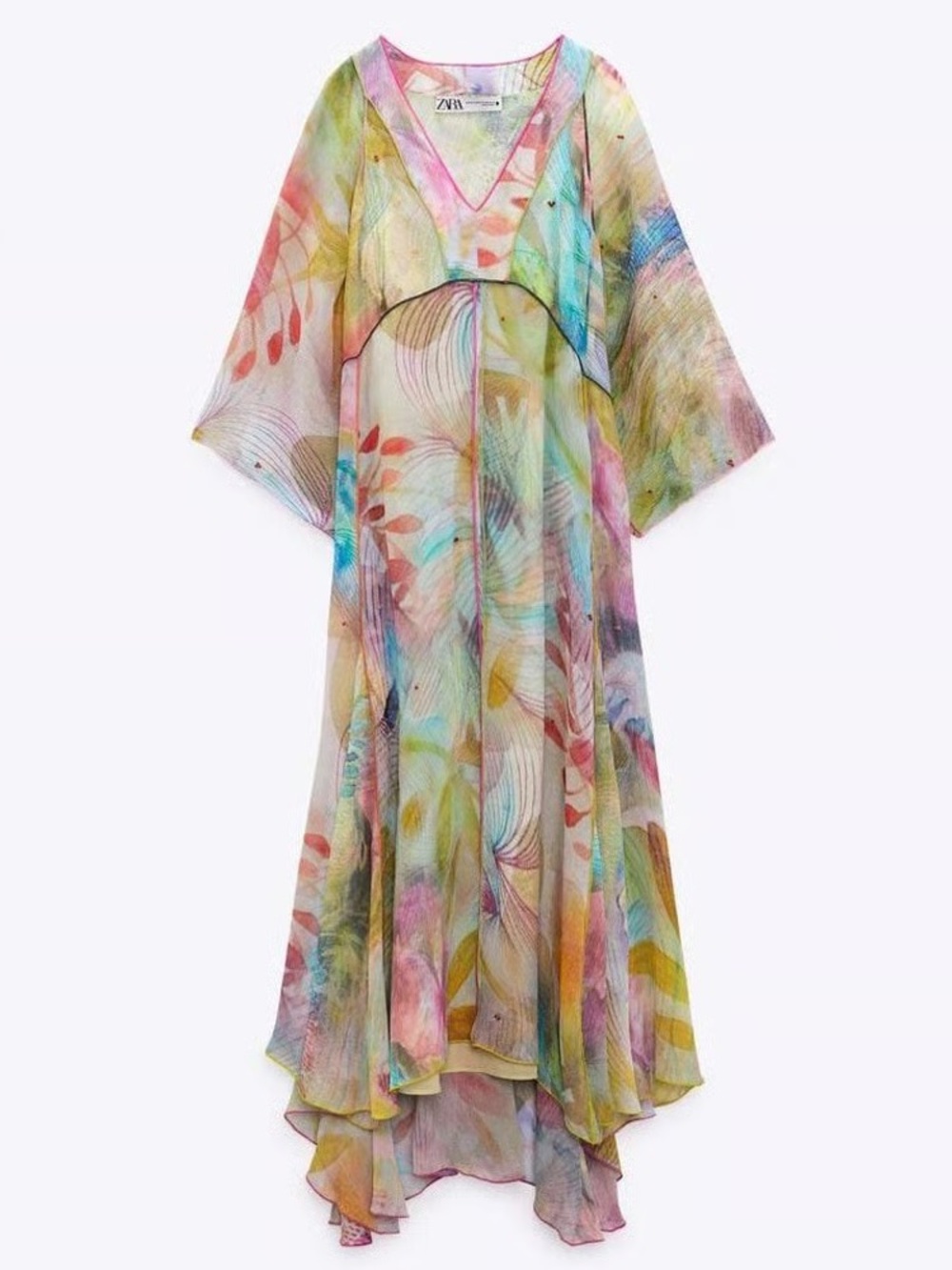 Zara Multicolor Watercolor V-Neck Midi Dress